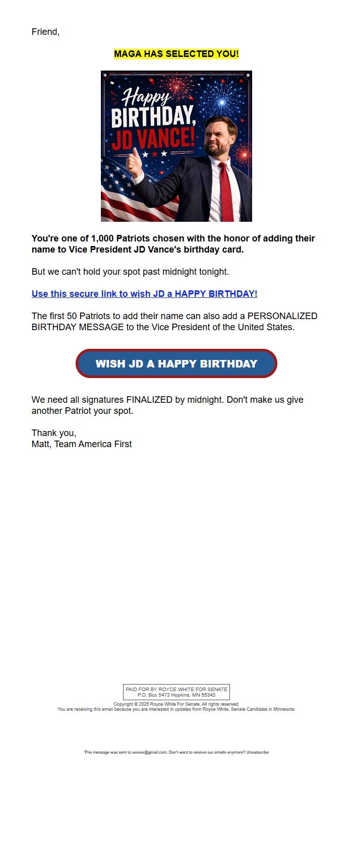 Screenshot of the email generated on import