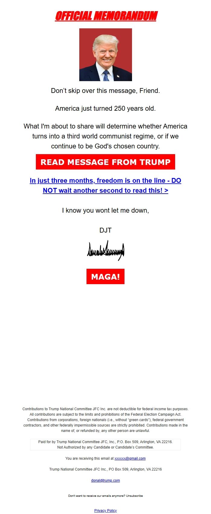 Screenshot of the email generated on import