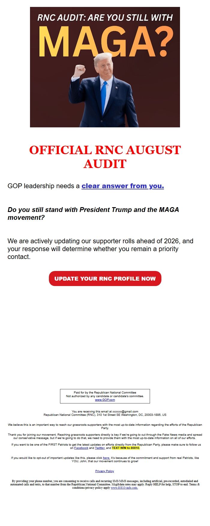 Screenshot of the email generated on import