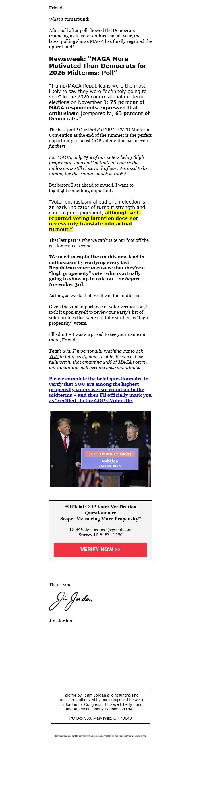 Screenshot of the email generated on import