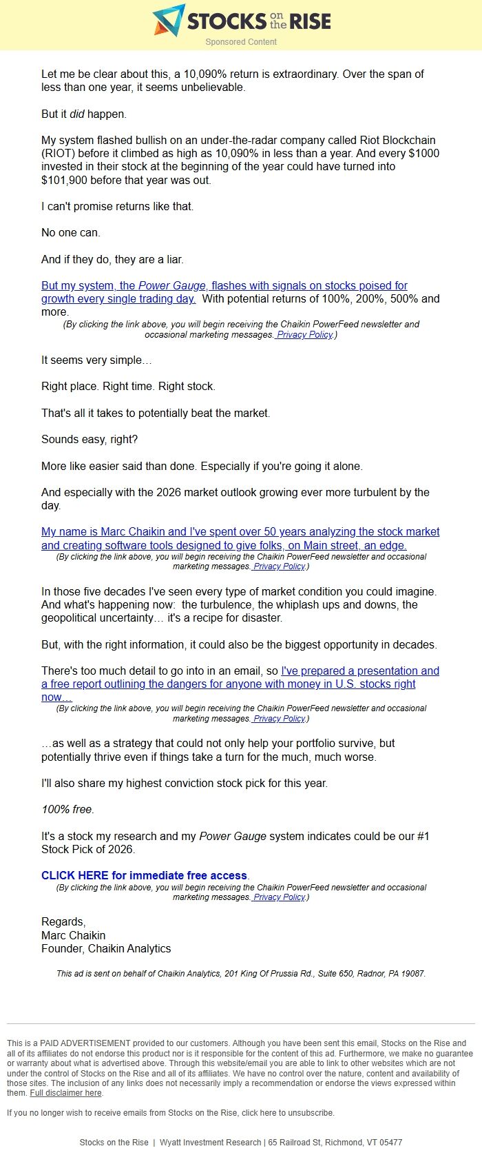 Screenshot of the email generated on import