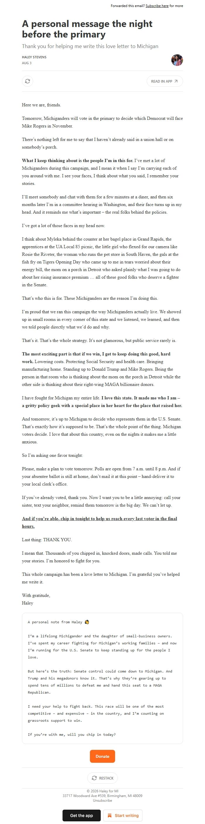 Screenshot of the email generated on import