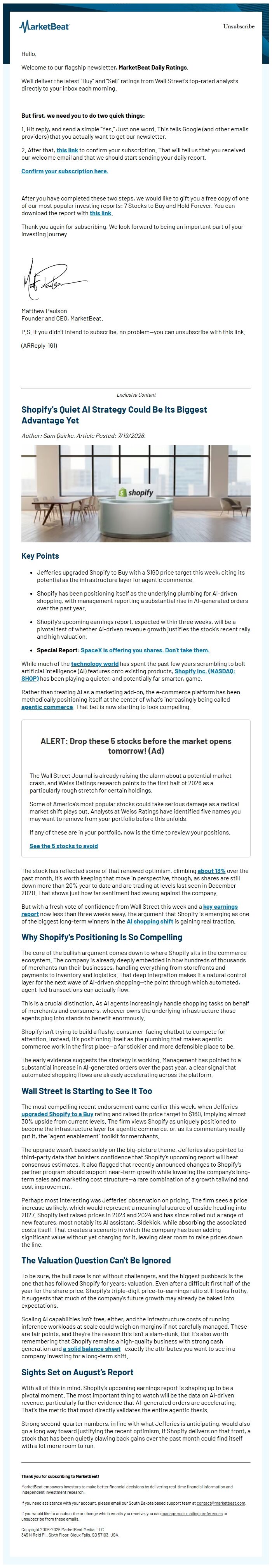 Screenshot of the email generated on import