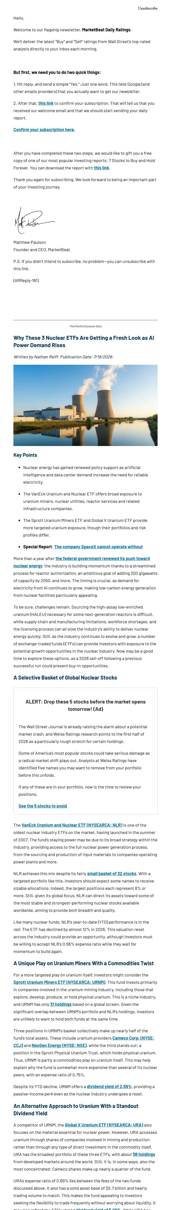 Screenshot of the email generated on import