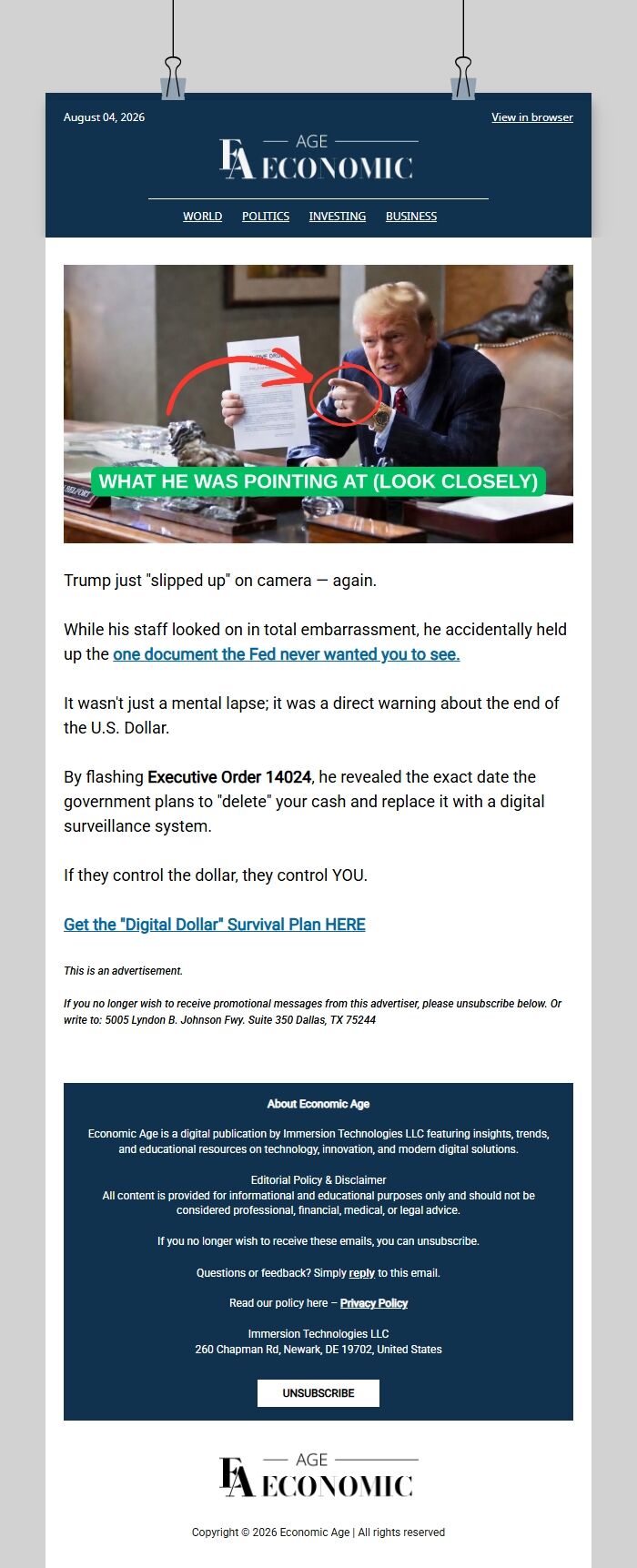 Screenshot of the email generated on import