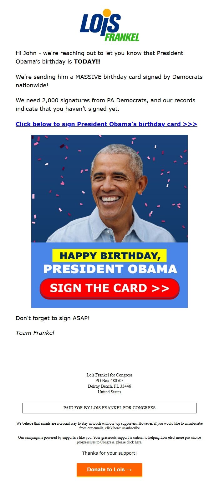 Screenshot of the email generated on import