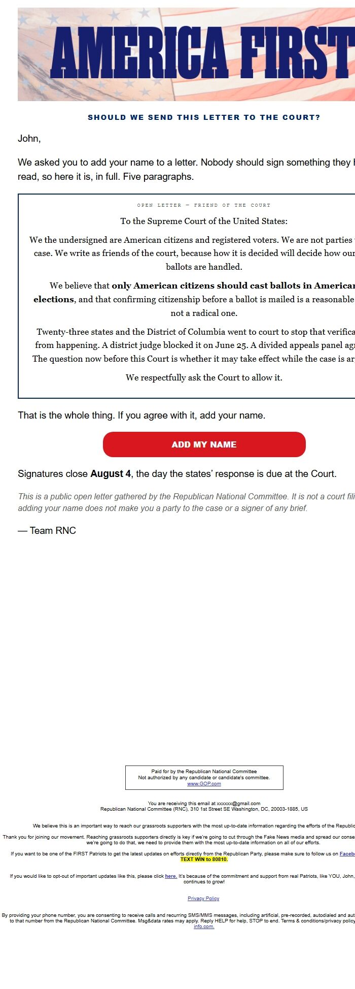 Screenshot of the email generated on import