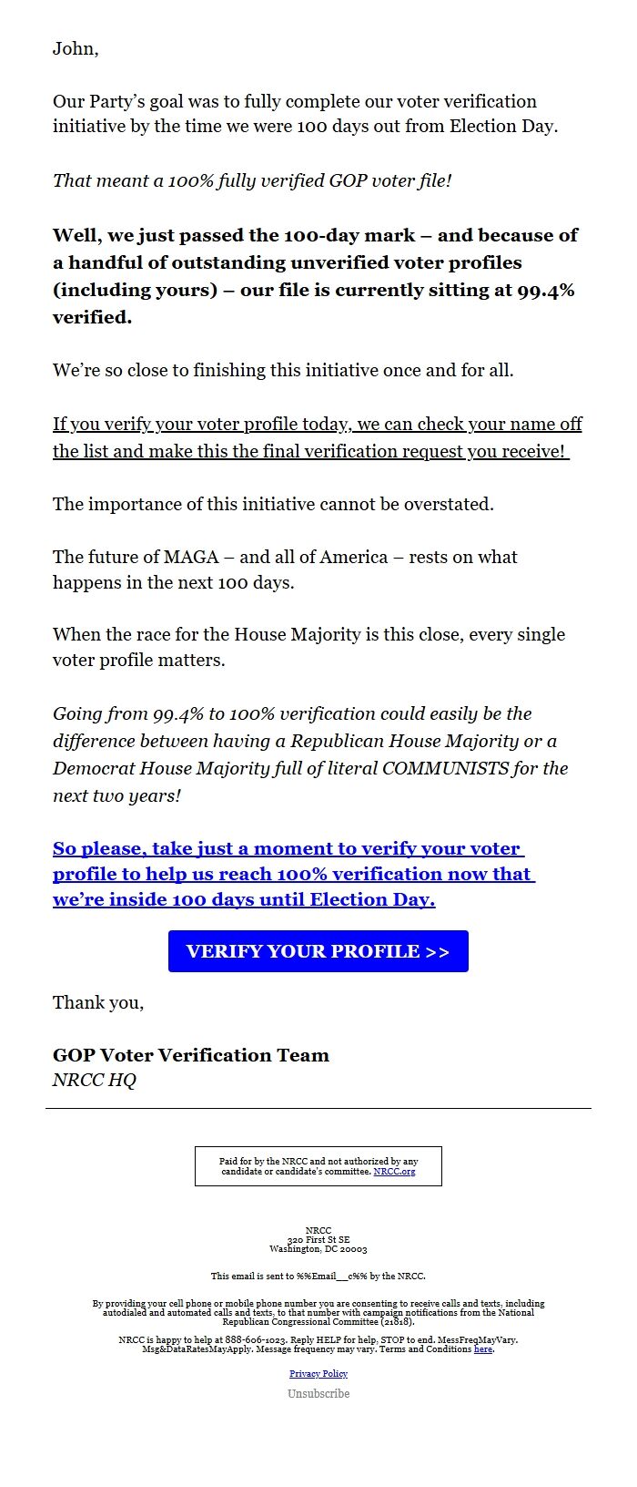 Screenshot of the email generated on import