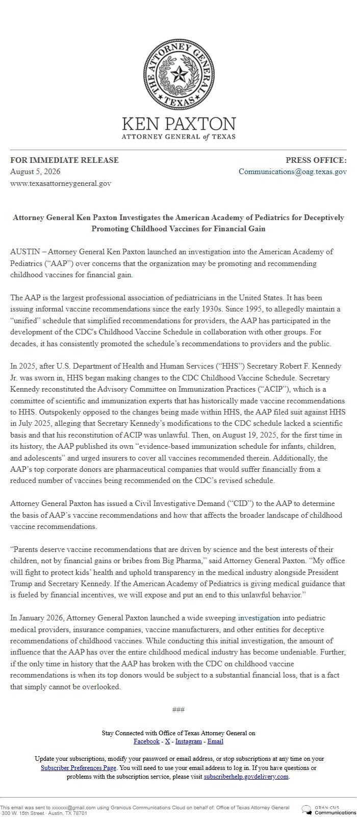 Screenshot of the email generated on import