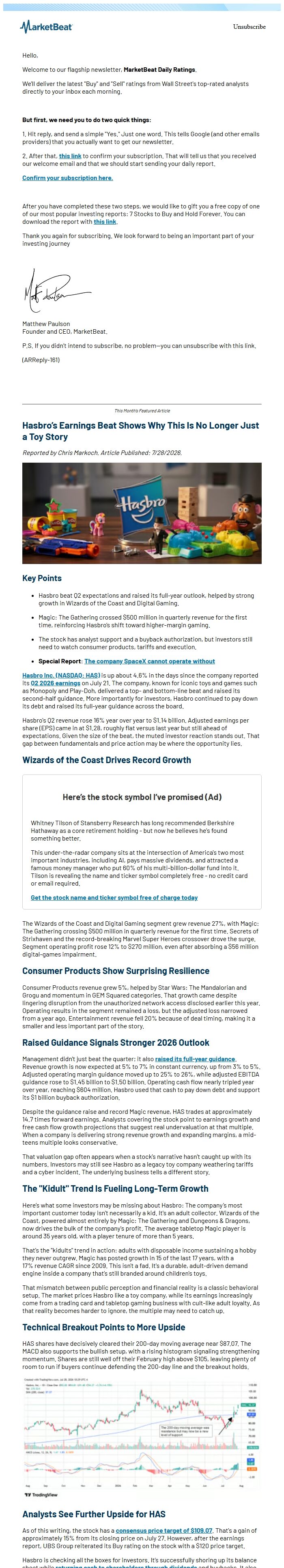 Screenshot of the email generated on import