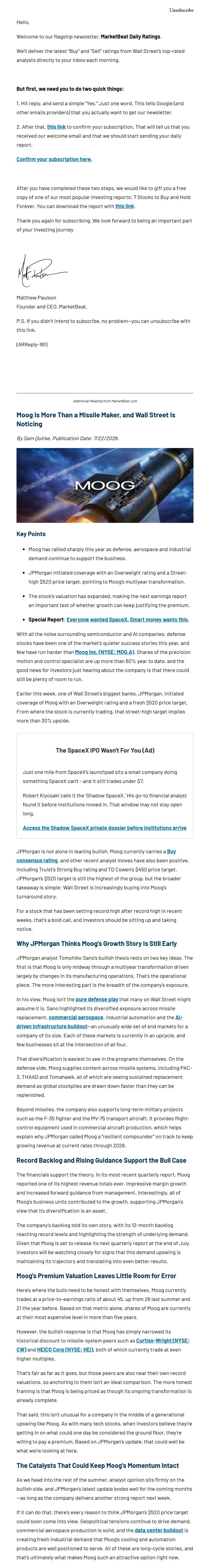 Screenshot of the email generated on import