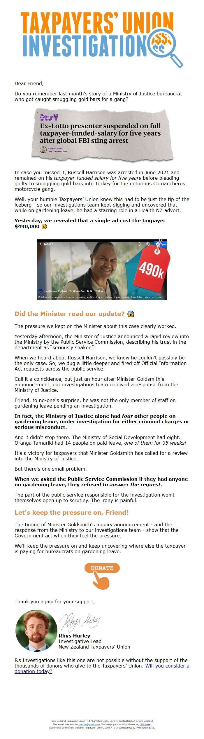 Screenshot of the email generated on import
