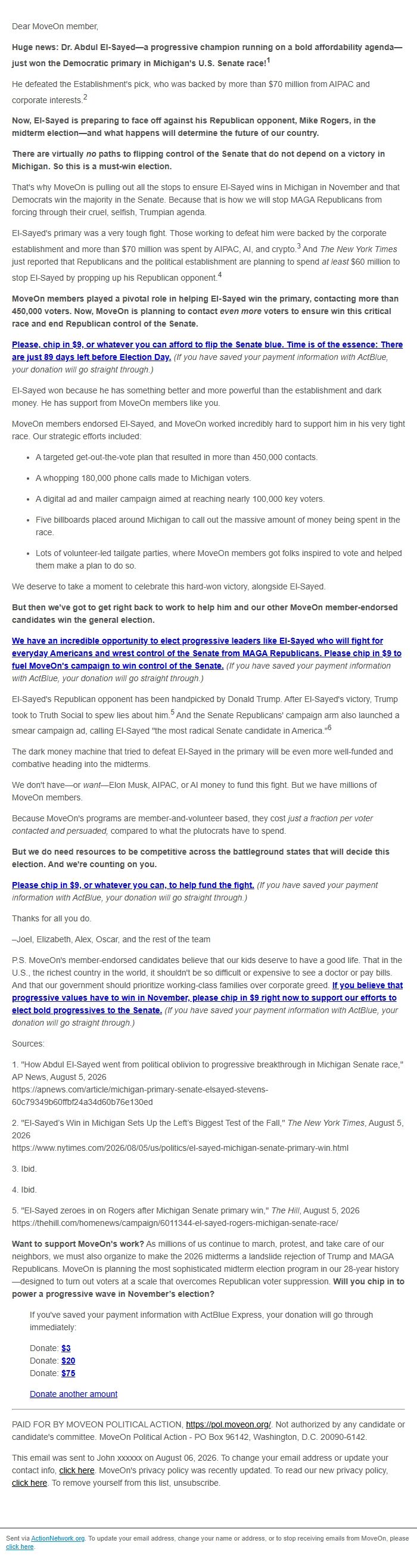 Screenshot of the email generated on import