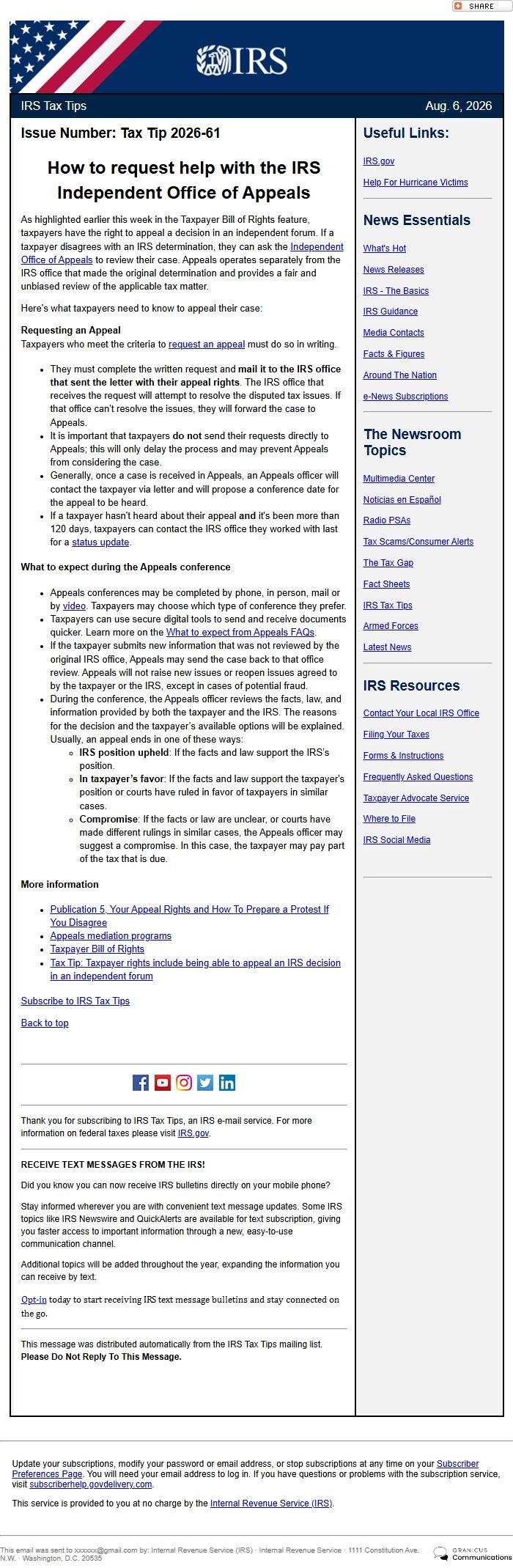 Screenshot of the email generated on import