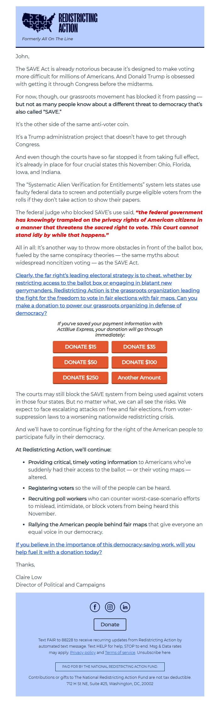 Screenshot of the email generated on import