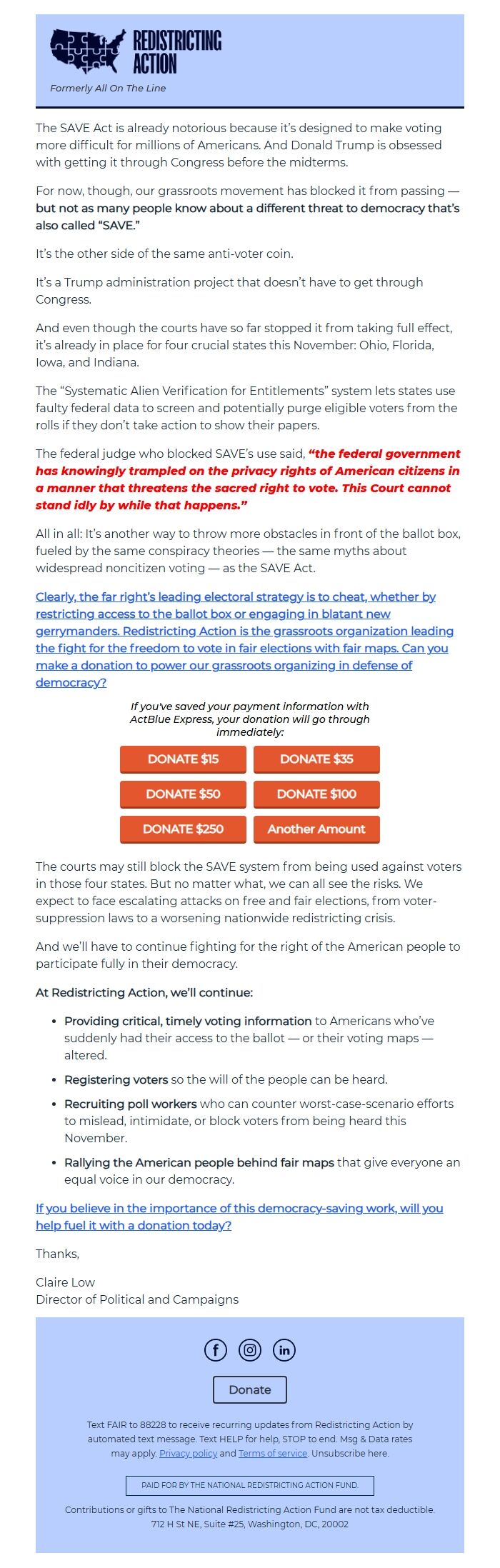 Screenshot of the email generated on import