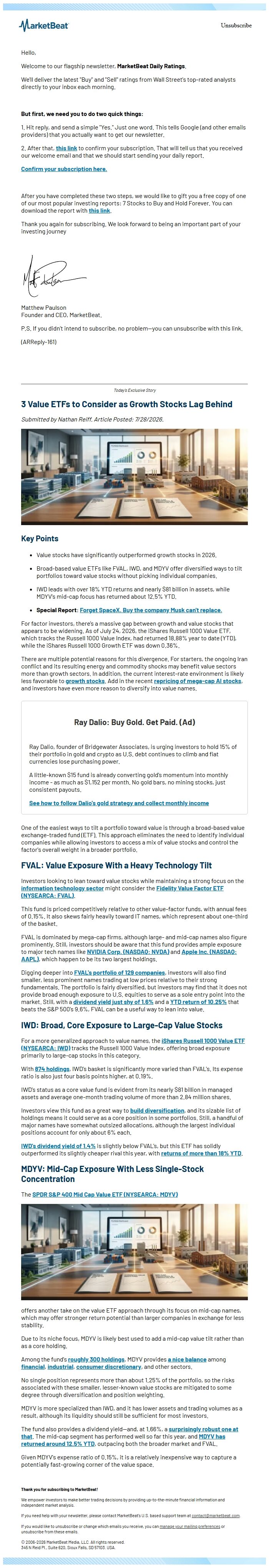 Screenshot of the email generated on import