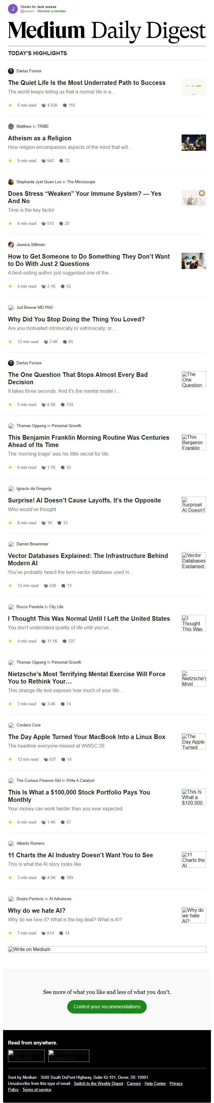 Screenshot of the email generated on import