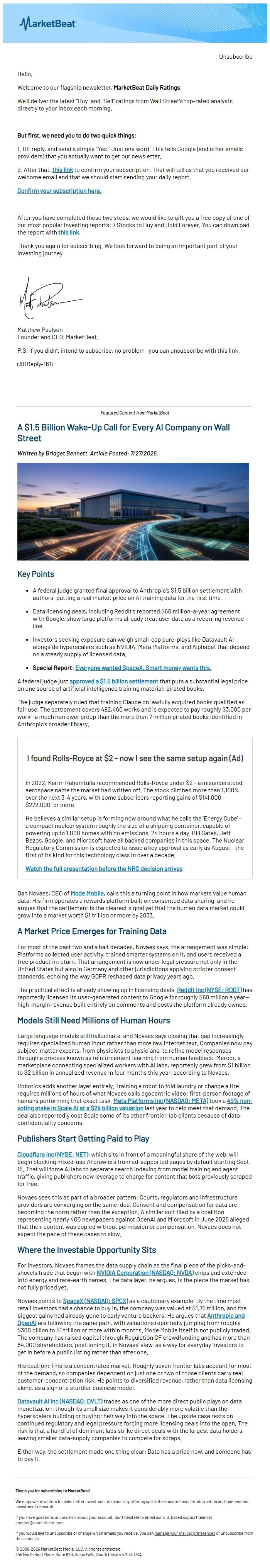Screenshot of the email generated on import