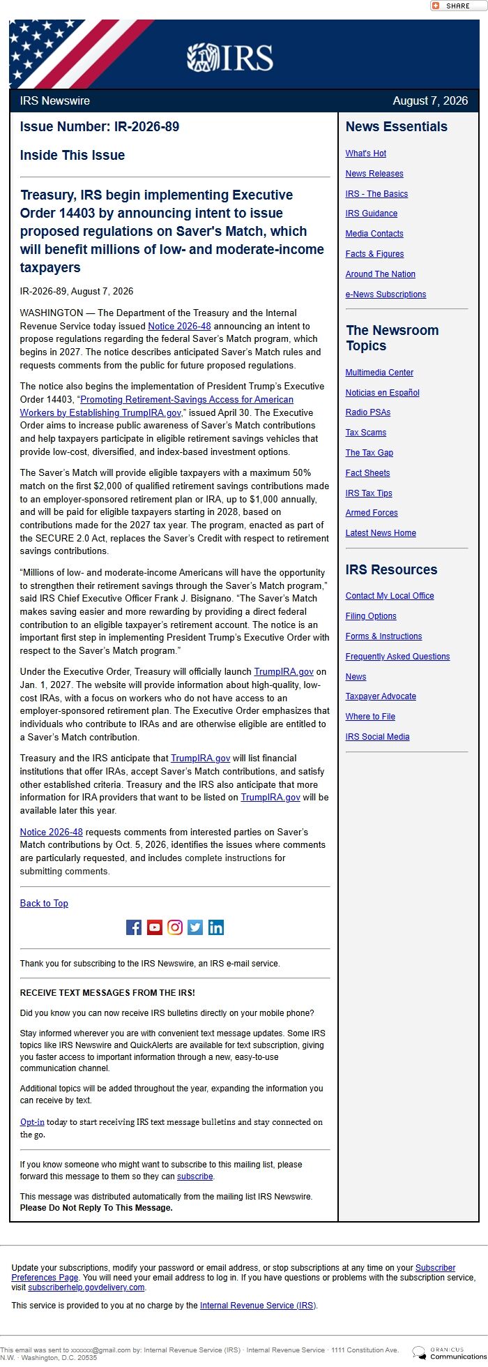 Screenshot of the email generated on import