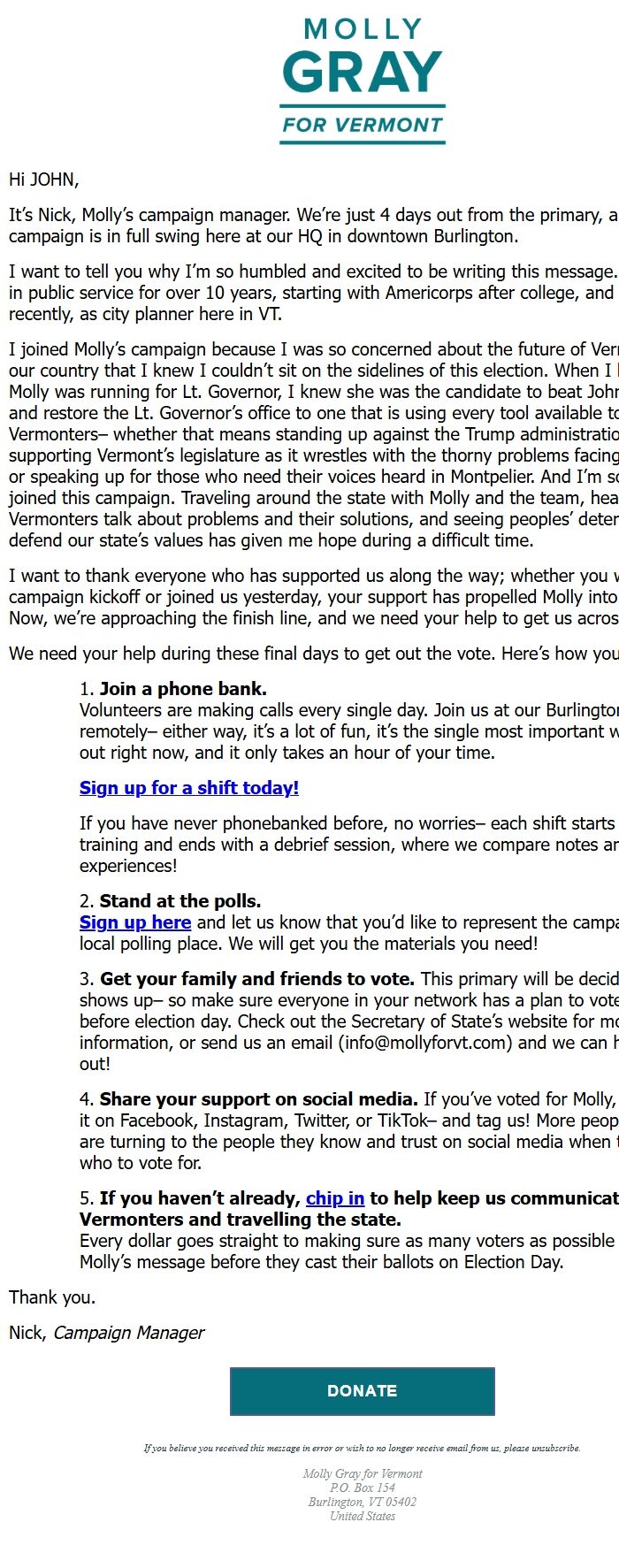 Screenshot of the email generated on import