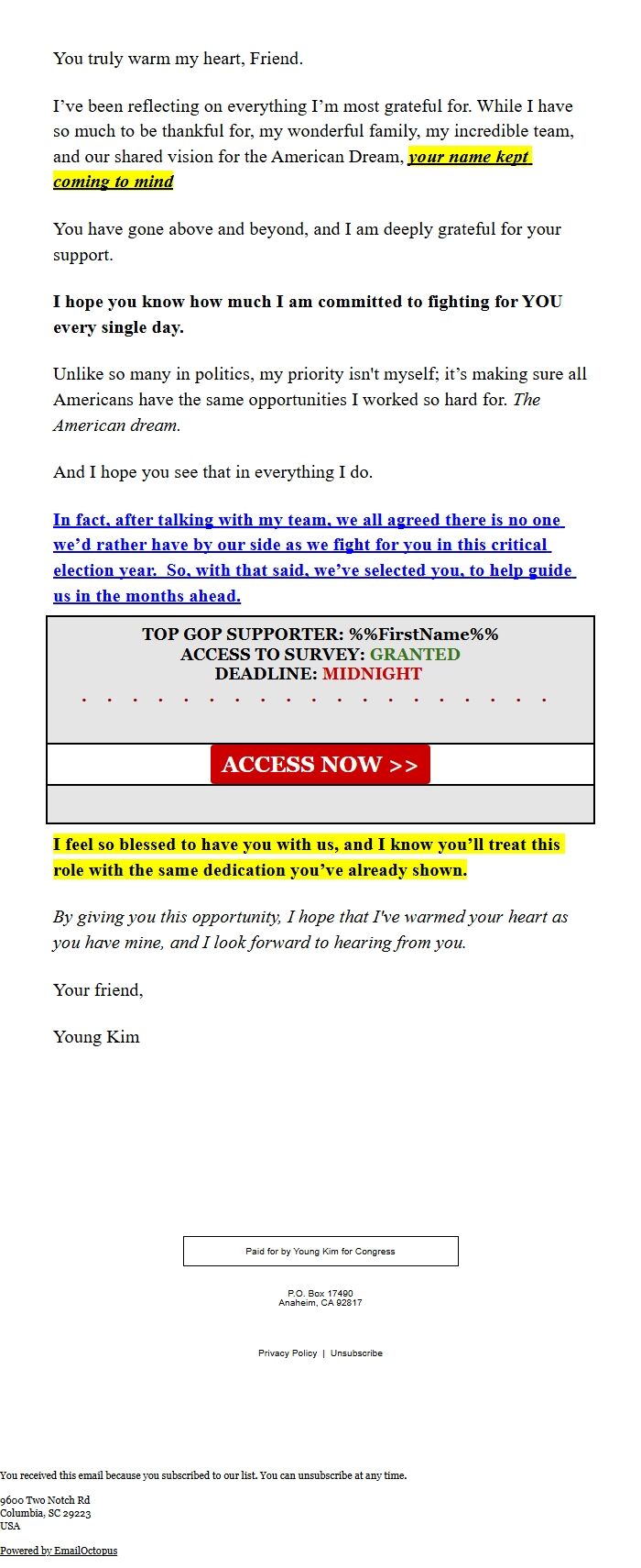 Screenshot of the email generated on import