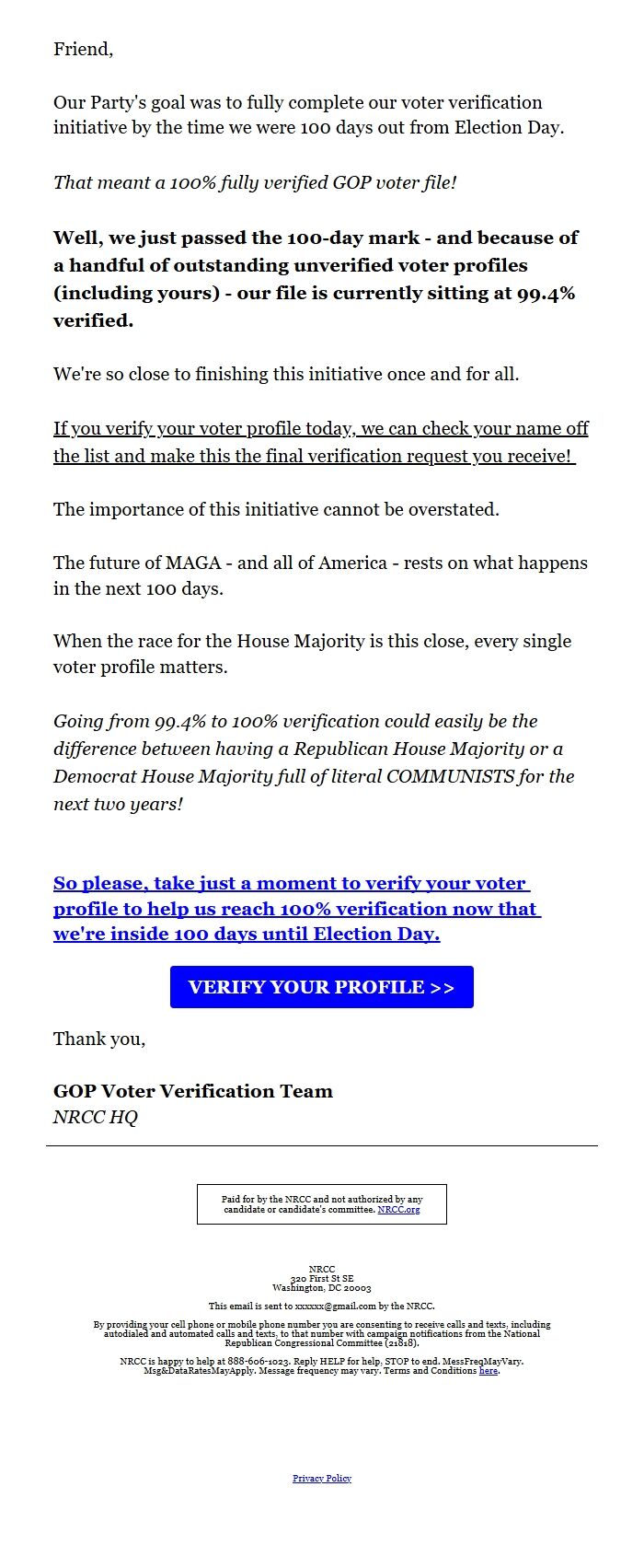Screenshot of the email generated on import