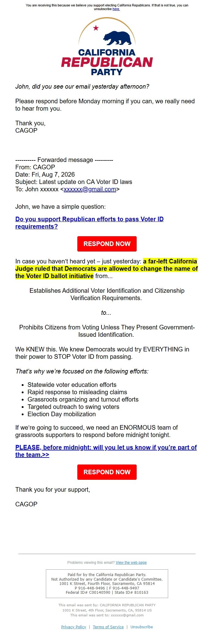 Screenshot of the email generated on import
