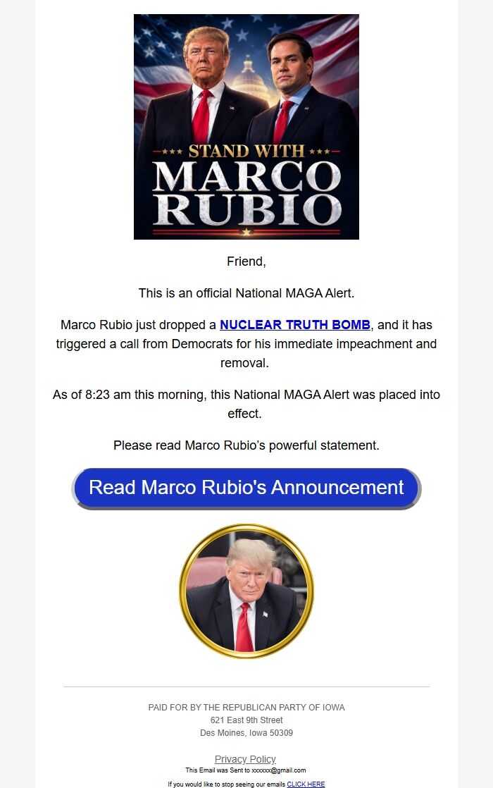 Screenshot of the email generated on import