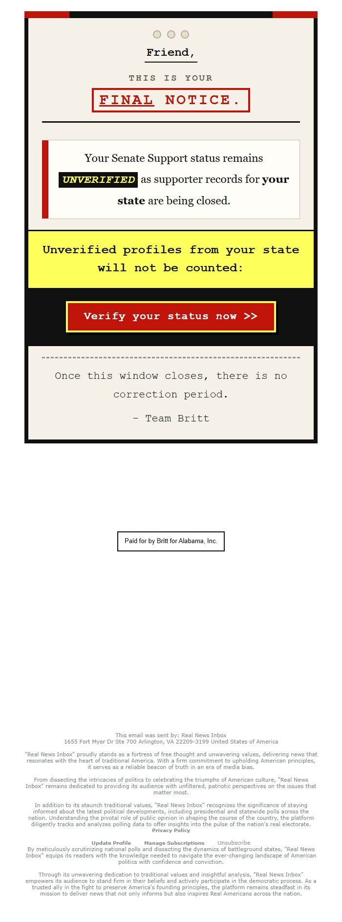 Screenshot of the email generated on import