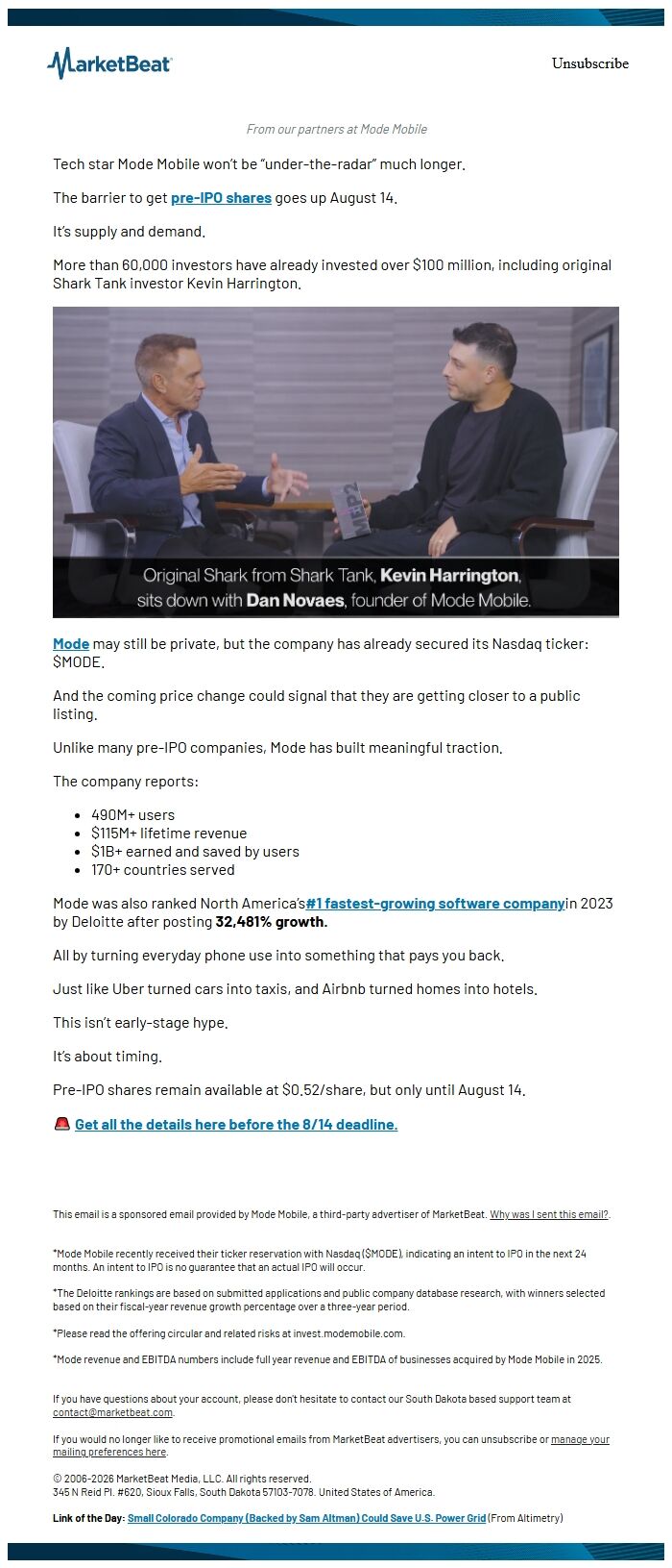 Screenshot of the email generated on import