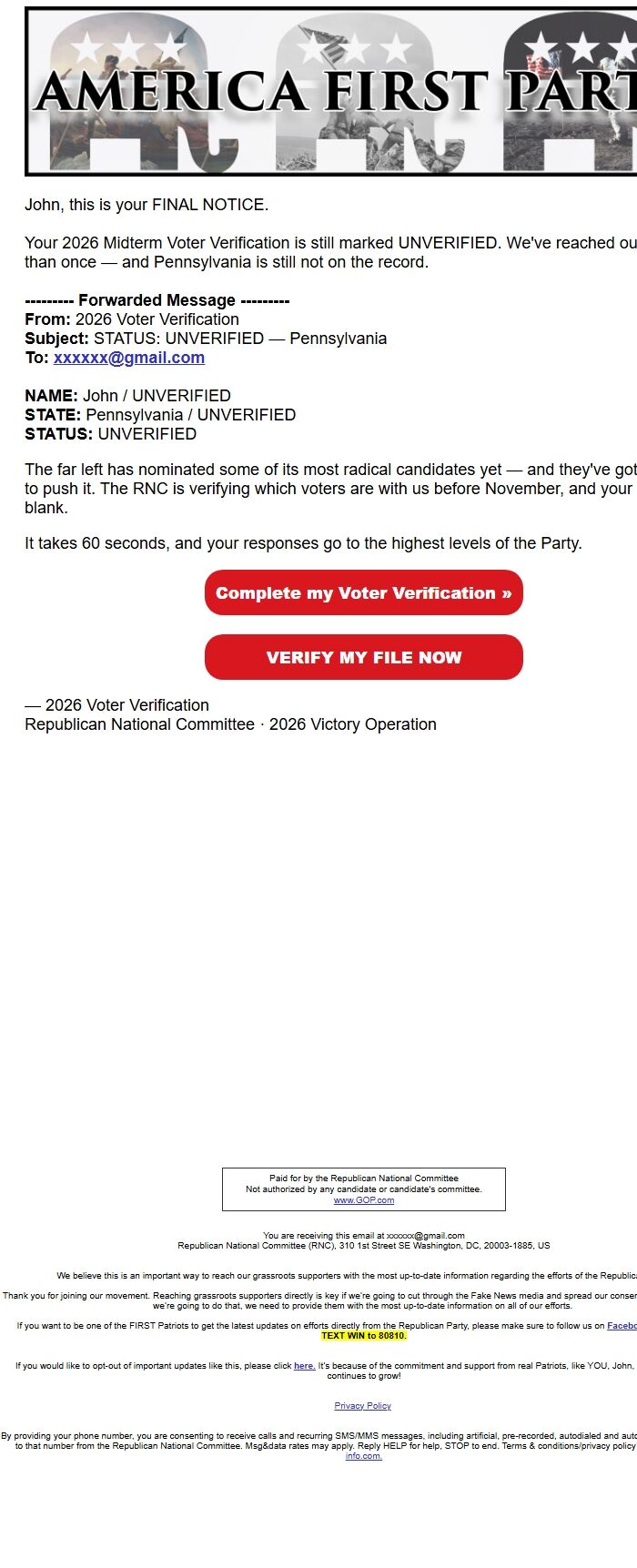Screenshot of the email generated on import