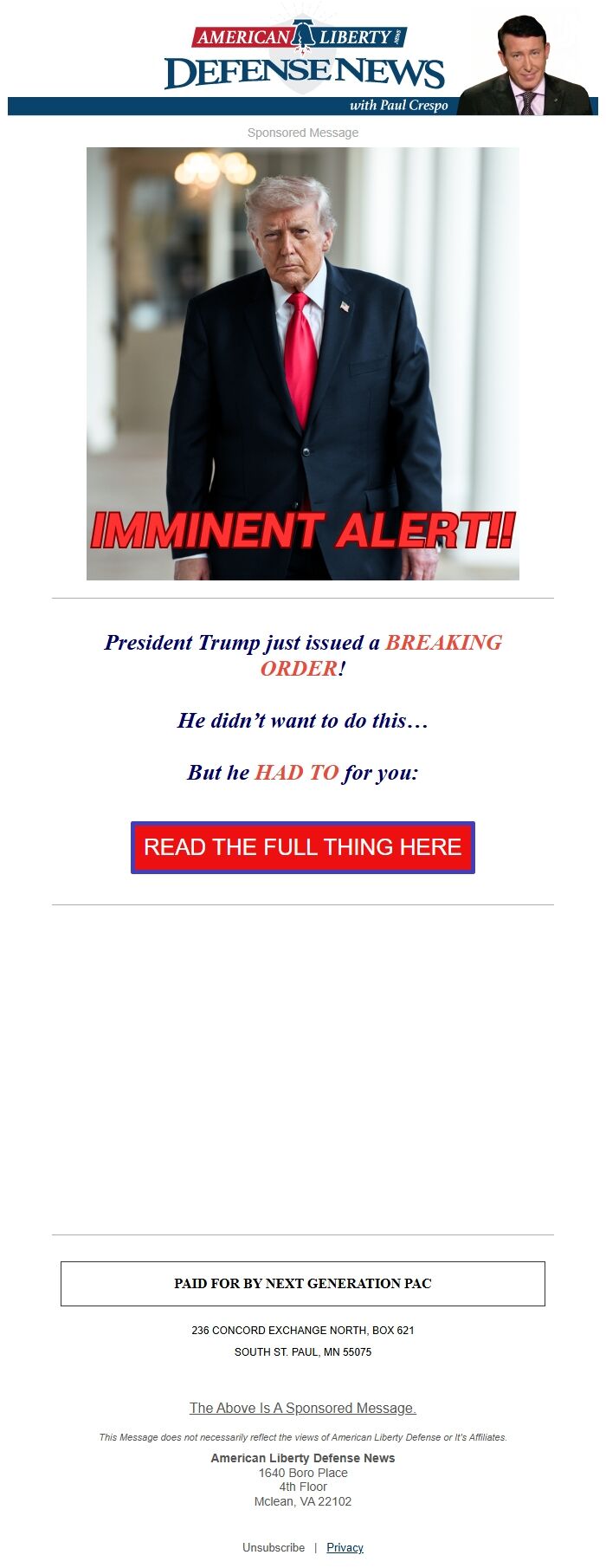 Screenshot of the email generated on import