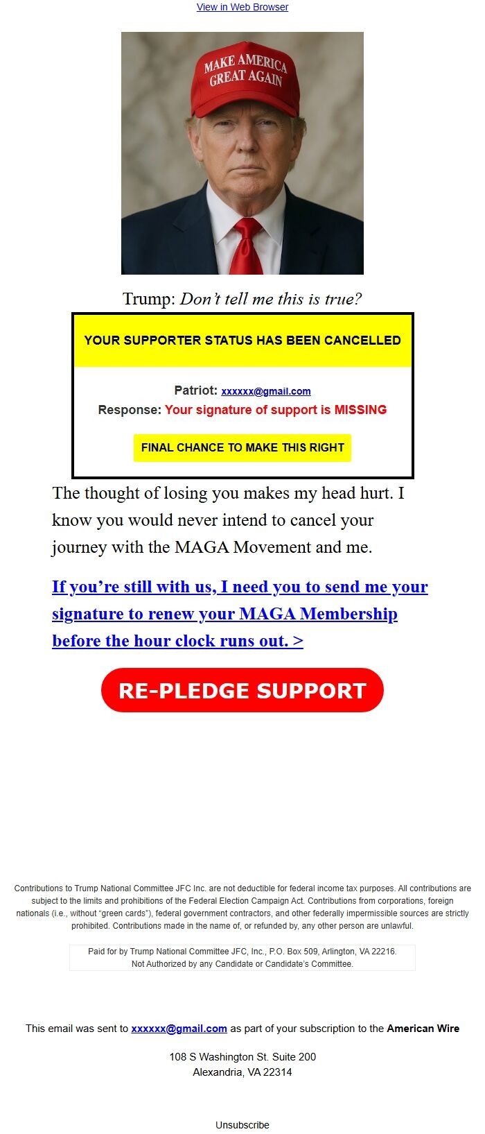Screenshot of the email generated on import