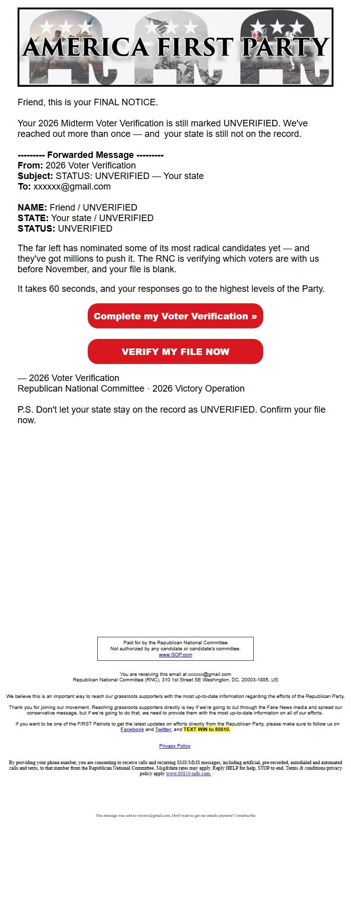 Screenshot of the email generated on import