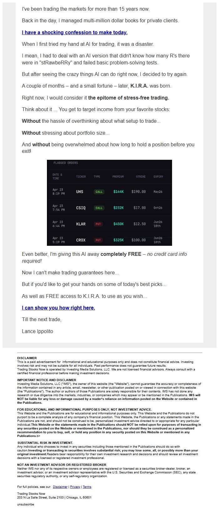 Screenshot of the email generated on import