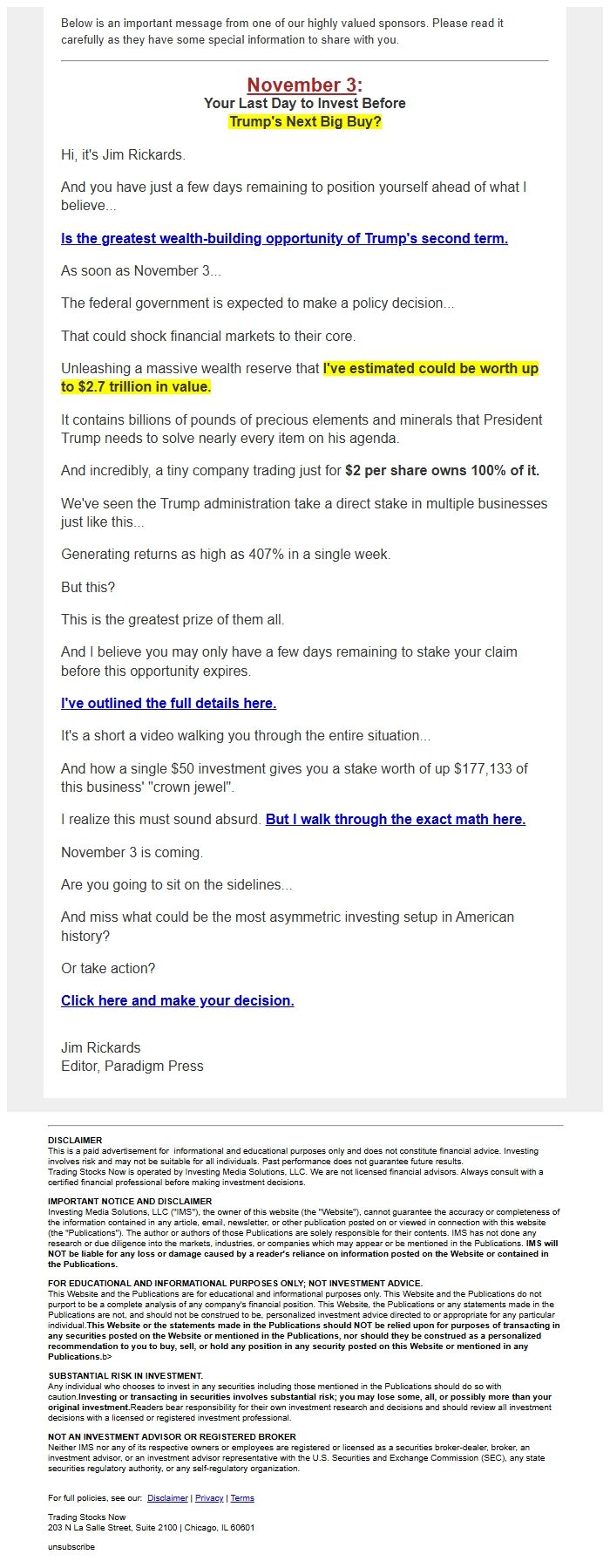 Screenshot of the email generated on import