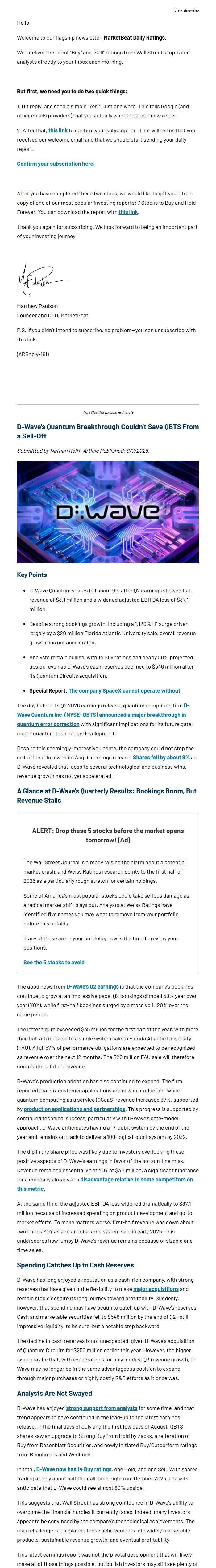 Screenshot of the email generated on import