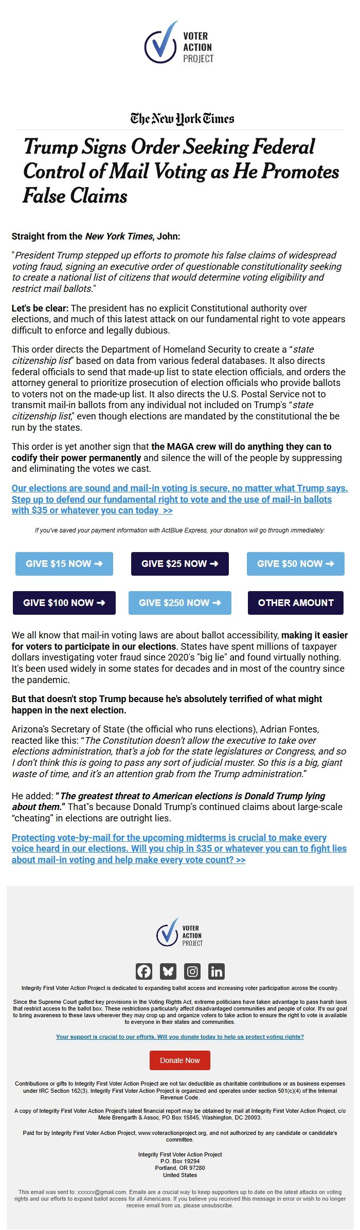 Screenshot of the email generated on import