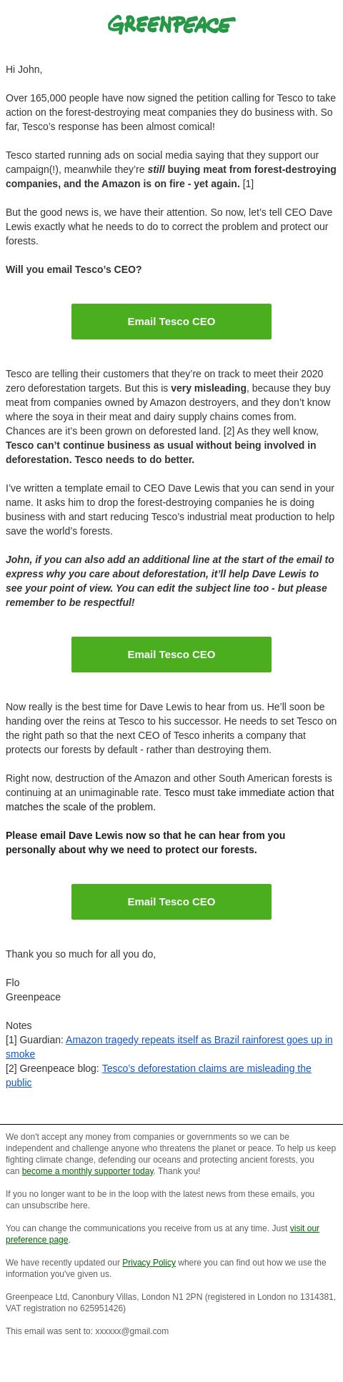 Screenshot of the email generated on import