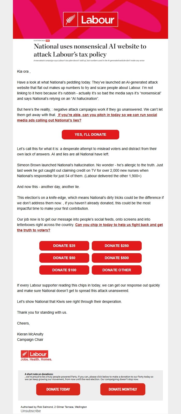 Screenshot of the email generated on import