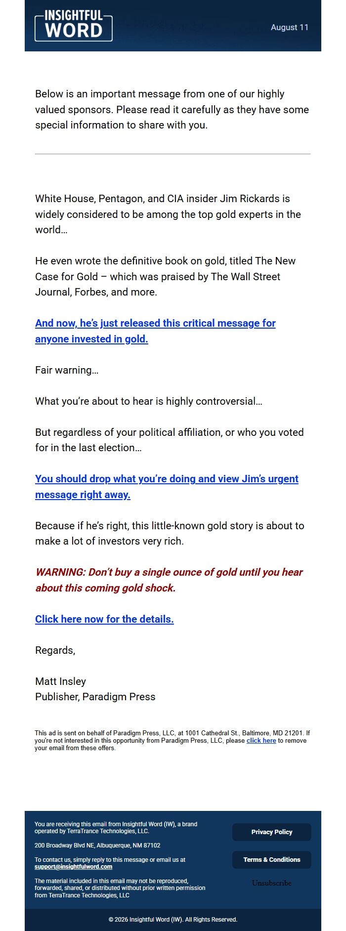 Screenshot of the email generated on import
