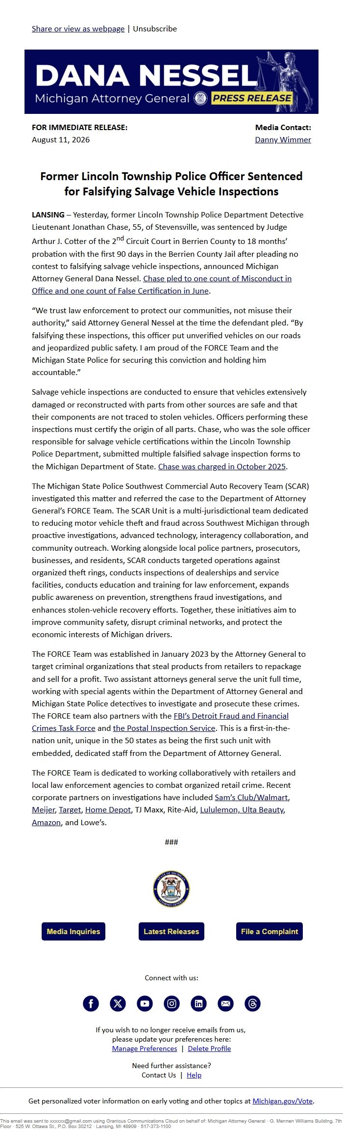 Screenshot of the email generated on import