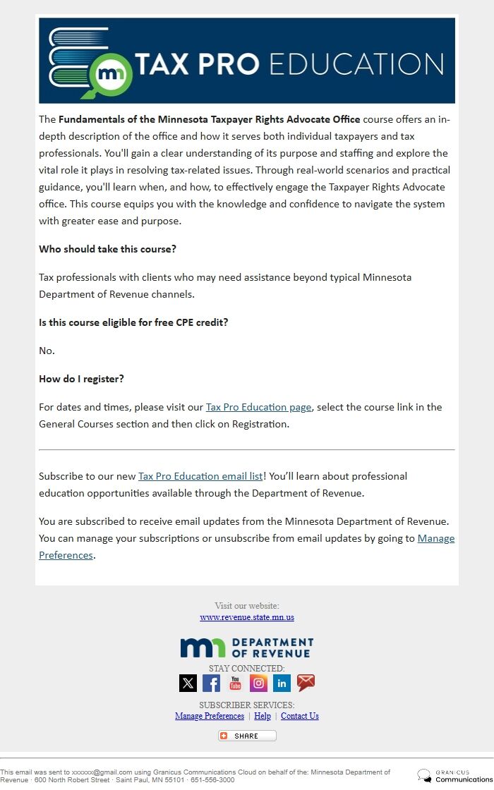 Screenshot of the email generated on import