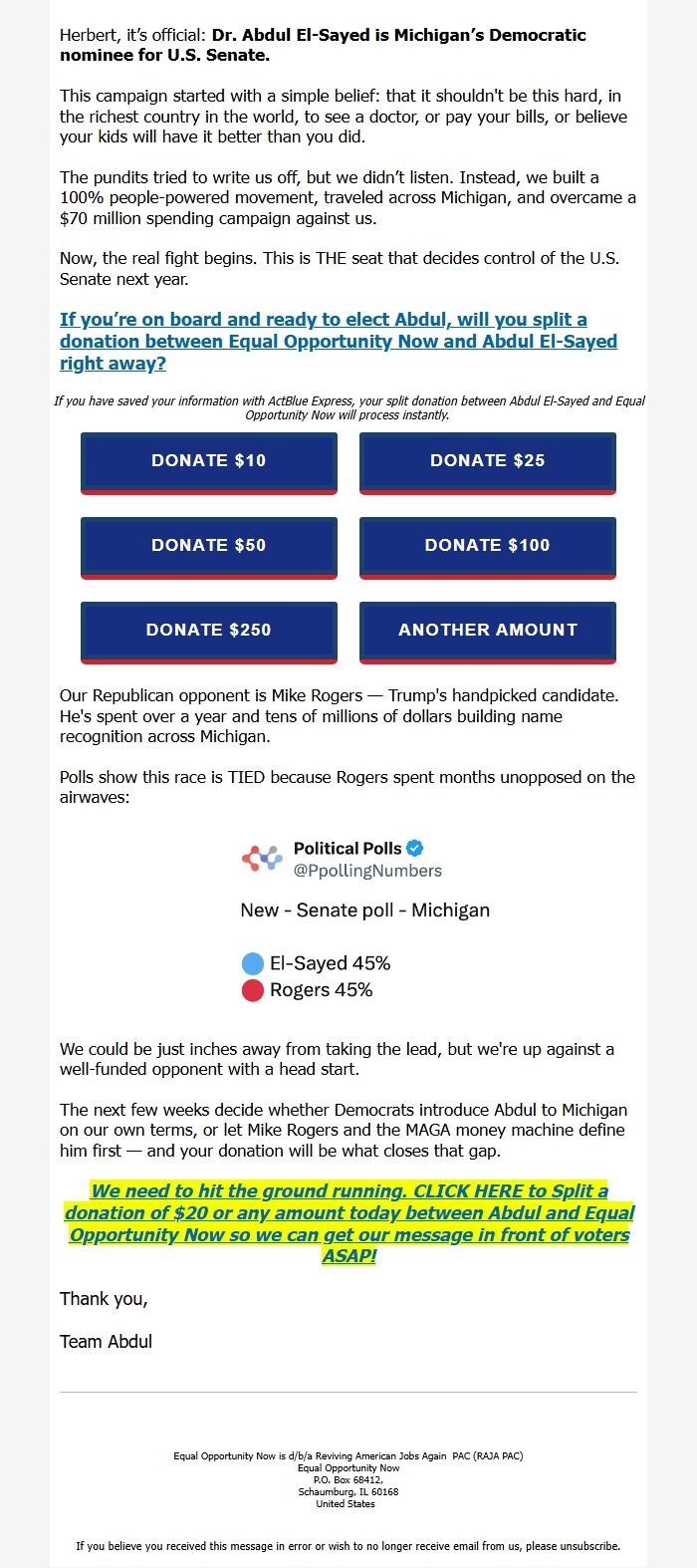 Screenshot of the email generated on import