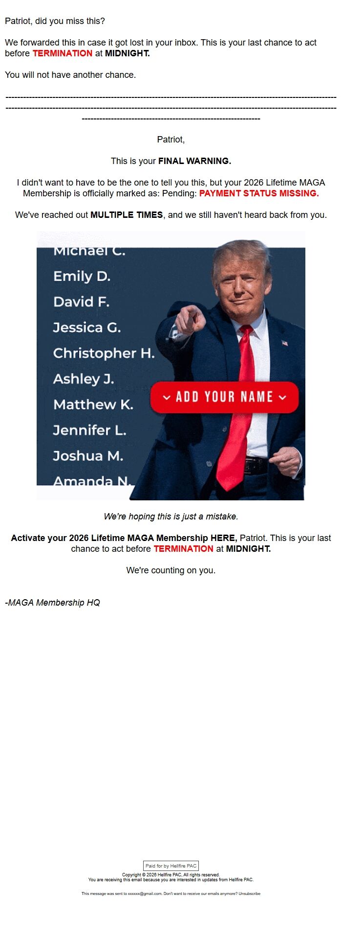 Screenshot of the email generated on import