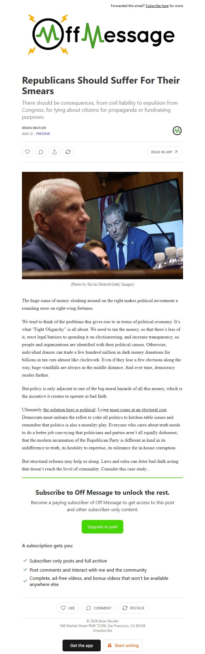 Screenshot of the email generated on import