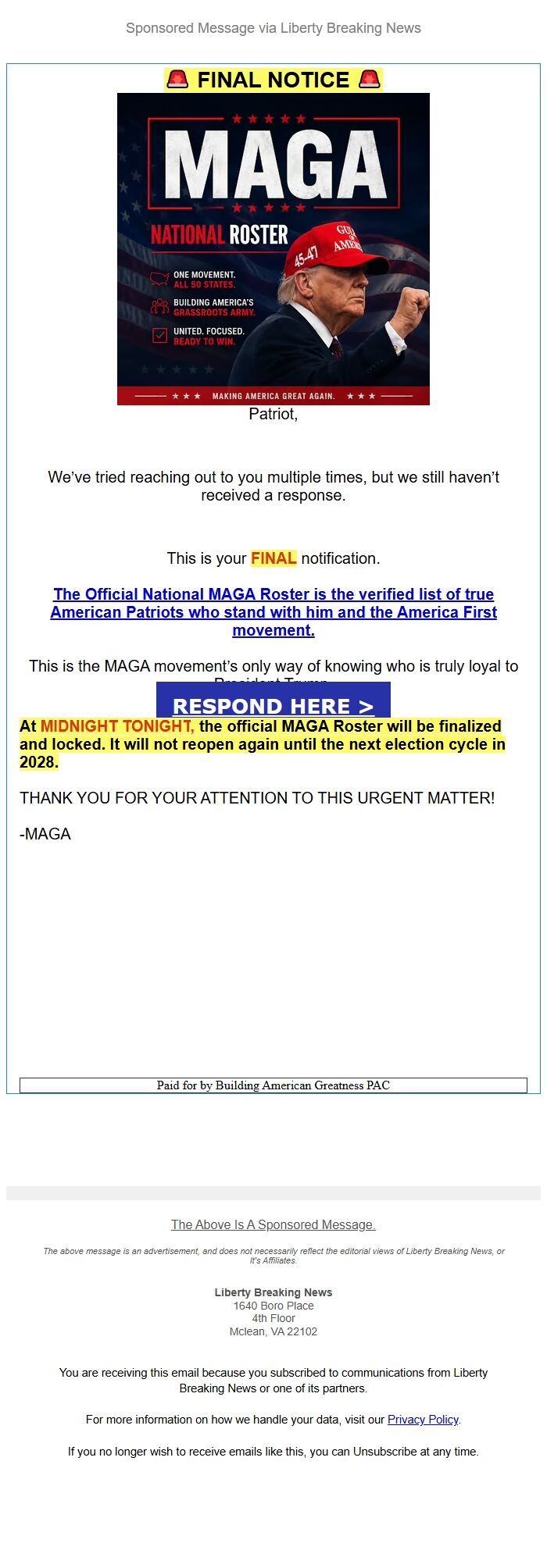 Screenshot of the email generated on import