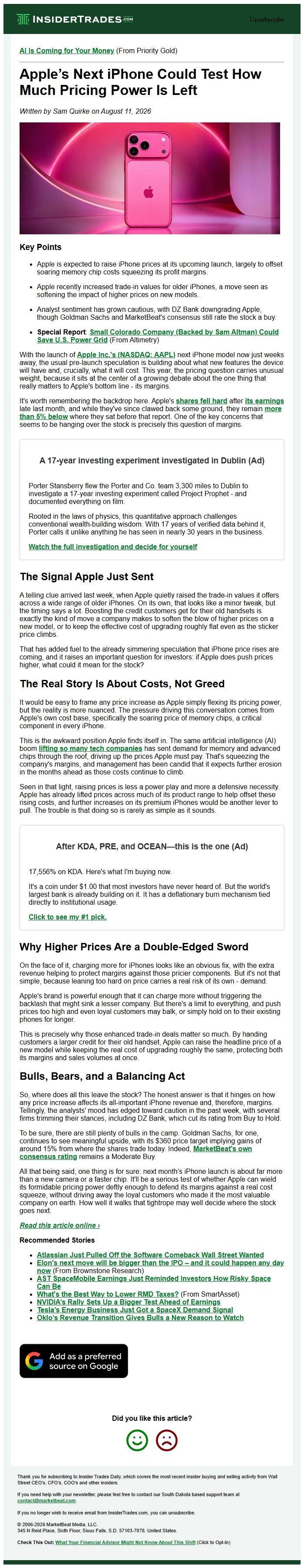 Screenshot of the email generated on import
