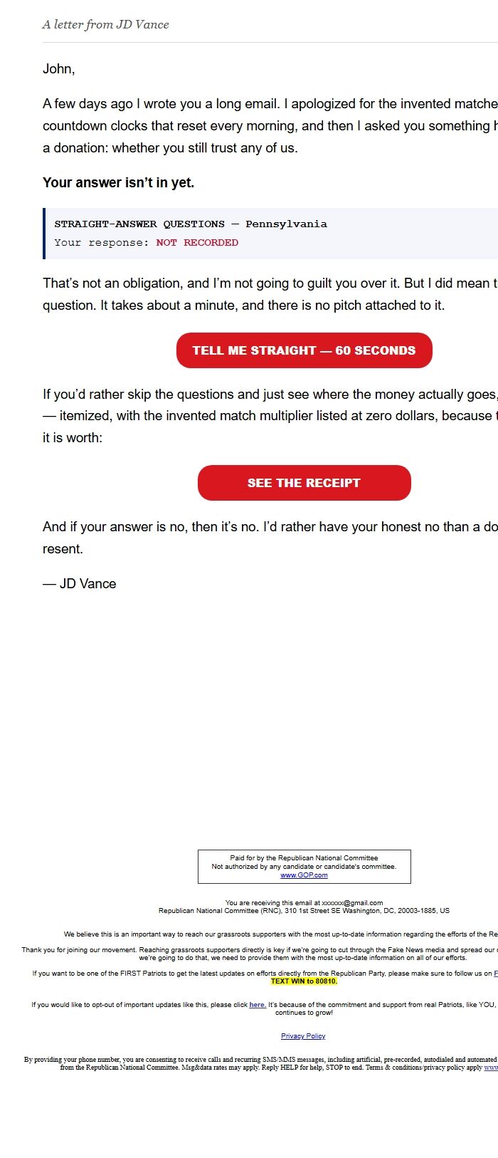 Screenshot of the email generated on import